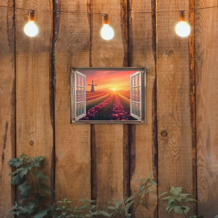 Doorkijk - Tulpen - Zonsondergang - Bloemen - Kleurrijk tuinposter los doek klein -sfeer1