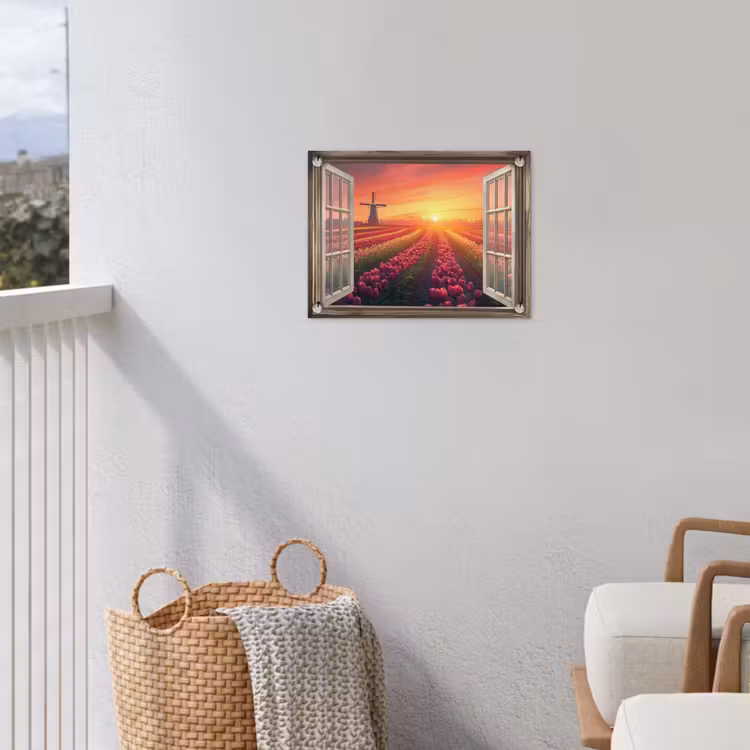Doorkijk - Tulpen - Zonsondergang - Bloemen - Kleurrijk tuinposter los doek klein -sfeer8
