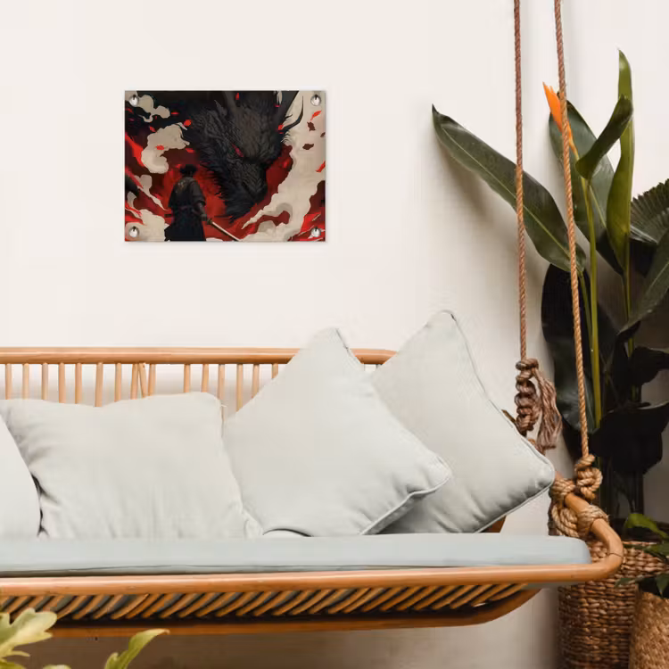 Krijger - Draak - Zwart - Rood - Rook tuinposter los doek klein -sfeer7