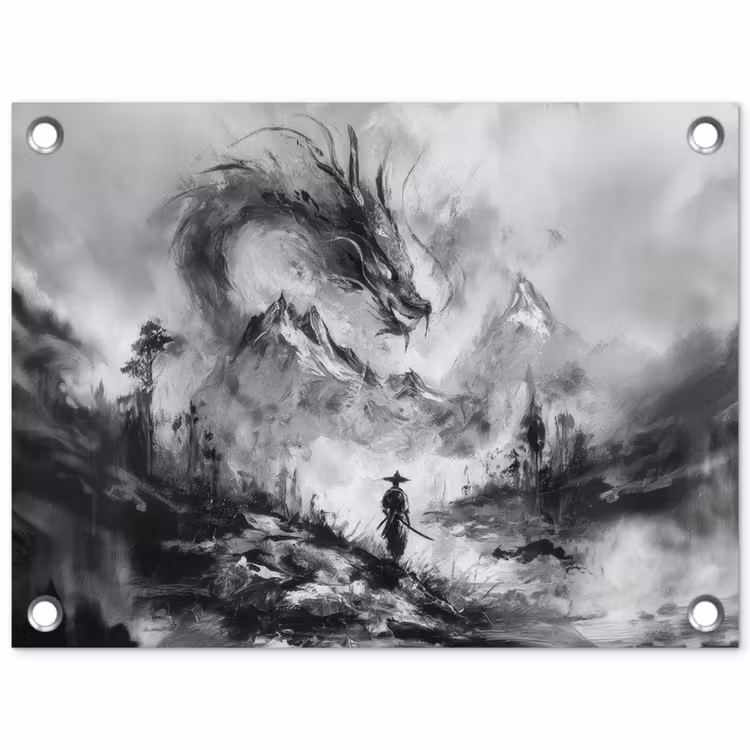 Krijger - Draak - Grijs tuinposter los doek klein -3d