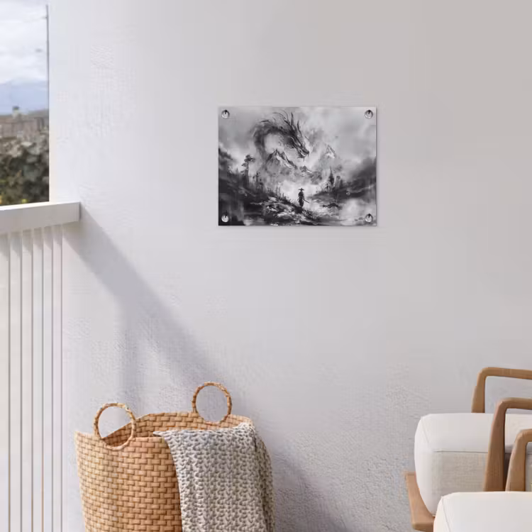 Krijger - Draak - Grijs tuinposter los doek klein -sfeer8