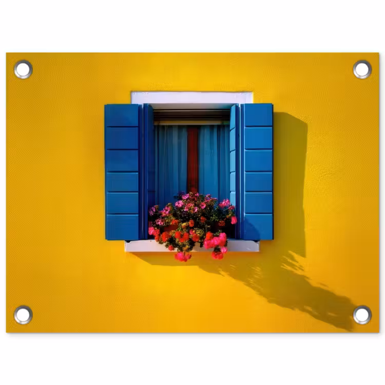 Raam - Bloemen - Gele muur tuinposter los doek klein -3d
