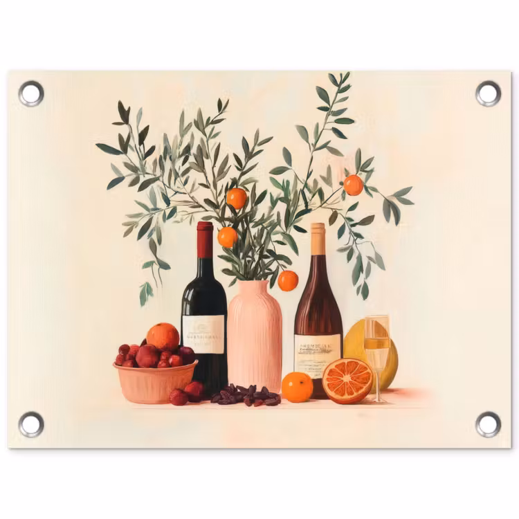 Wijnflessen - Takken - Sinaasappels tuinposter los doek klein -3d