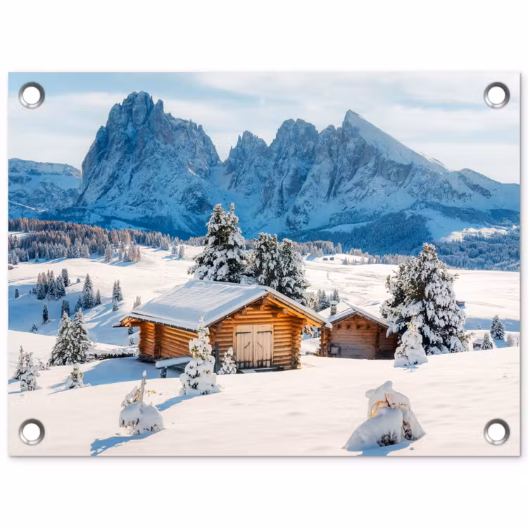 Winter - Huisje - Bergen - Uitzicht - Sneeuw tuinposter los doek klein -3d