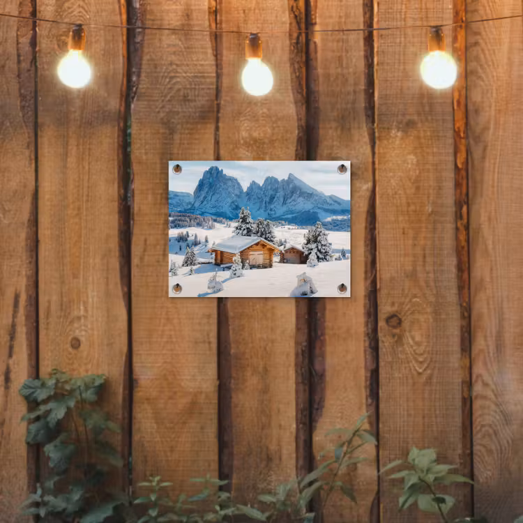 Winter - Huisje - Bergen - Uitzicht - Sneeuw tuinposter los doek klein -sfeer1