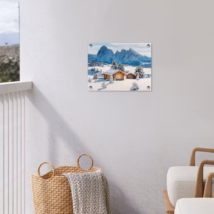 Winter - Huisje - Bergen - Uitzicht - Sneeuw tuinposter los doek klein -sfeer8