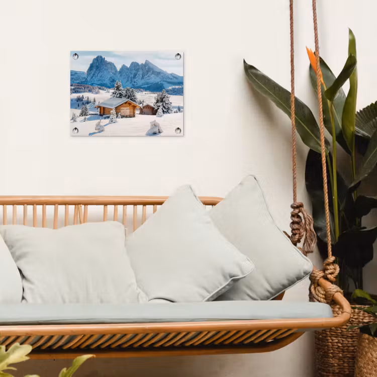 Winter - Huisje - Bergen - Uitzicht - Sneeuw tuinposter los doek klein -sfeer7