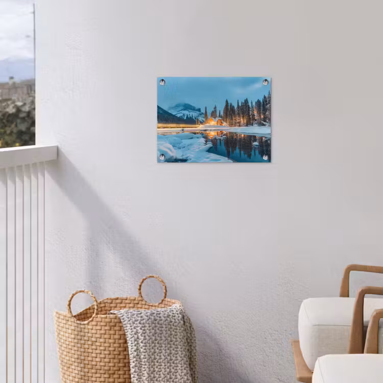 Winterlandschap - Natuur - Huis - Bergen - Sneeuw tuinposter los doek klein -sfeer8