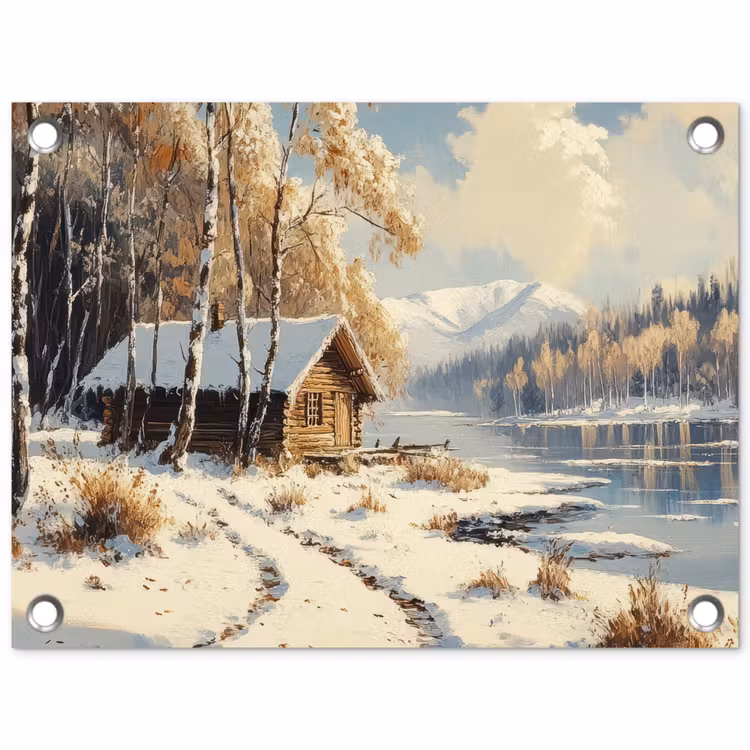 Winter - Sneeuw - Huis - Natuur tuinposter los doek klein -3d