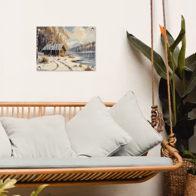 Winter - Sneeuw - Huis - Natuur tuinposter los doek klein -sfeer7