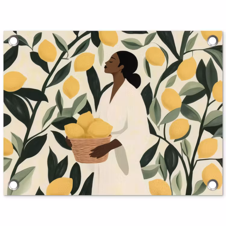 Vrouw - Mand - Citroenen - Bladeren tuinposter los doek klein -3d