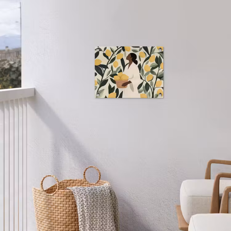 Vrouw - Mand - Citroenen - Bladeren tuinposter los doek klein -sfeer8
