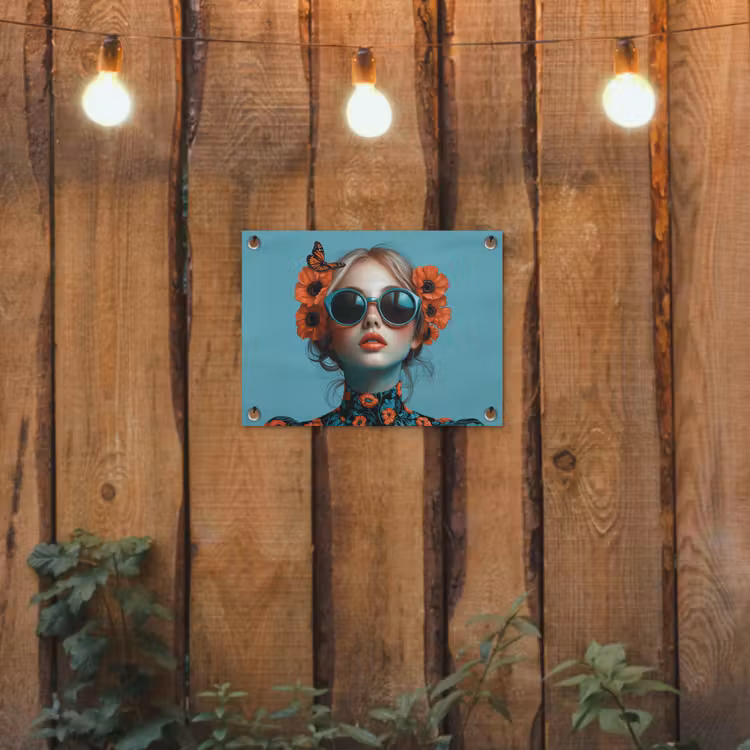 Vrouw - Blauw - Vlinder - Bloemen - Aesthetic tuinposter los doek klein -sfeer1