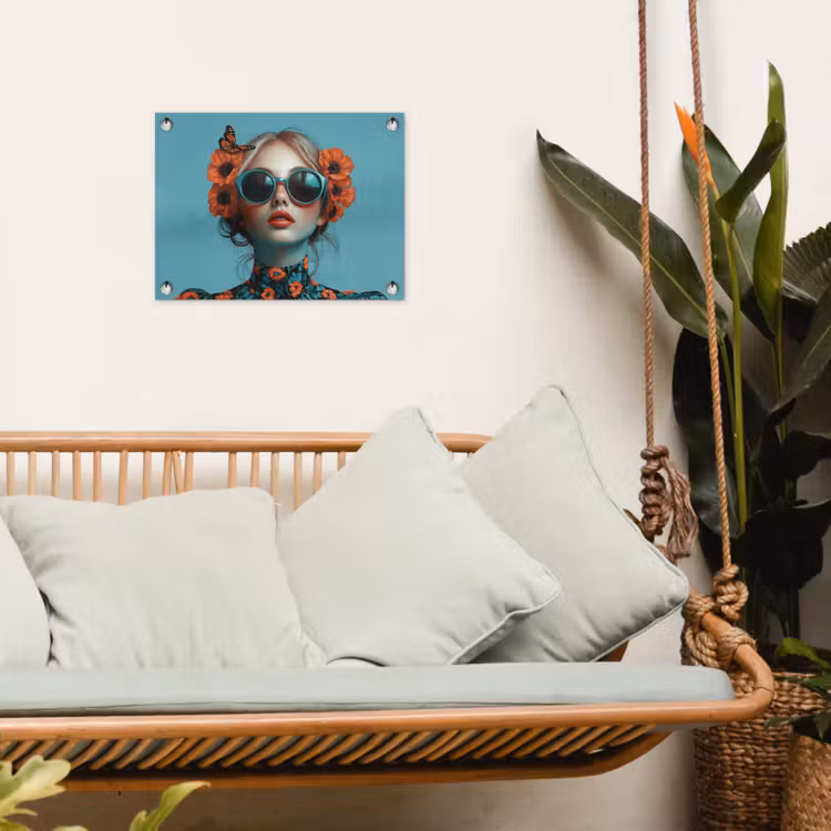 Vrouw - Blauw - Vlinder - Bloemen - Aesthetic tuinposter los doek klein -sfeer7