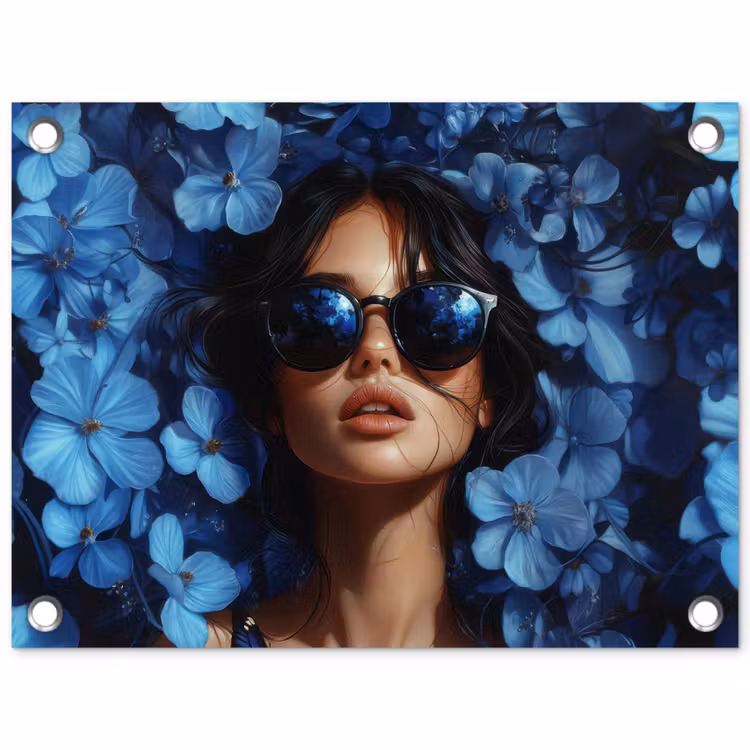 Vrouw - Blauw - Bloemen - Vlinders - Natuur tuinposter los doek klein -3d