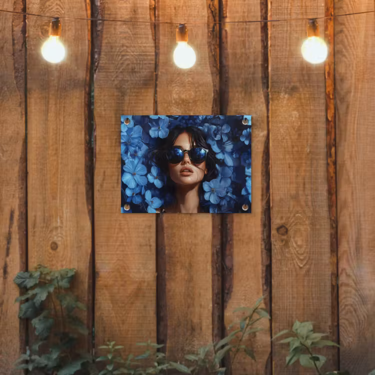 Vrouw - Blauw - Bloemen - Vlinders - Natuur tuinposter los doek klein -sfeer1
