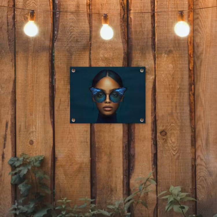Vrouw - Vlinder - Bril - Blauw - Modern - Portret tuinposter los doek klein -sfeer1
