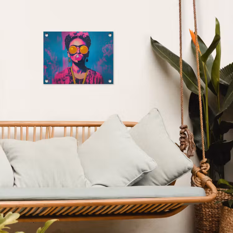 Vrouw - Kauwgom - Zonnebril - Oranje tuinposter los doek klein -sfeer7