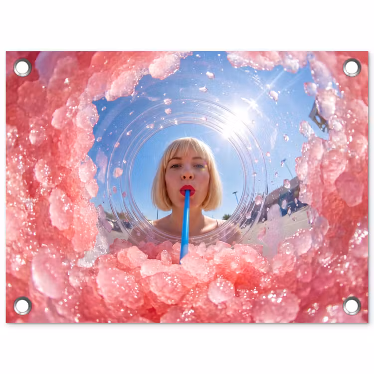 Vrouw - Drank - Zomer - Roze - Blauw tuinposter los doek klein -3d