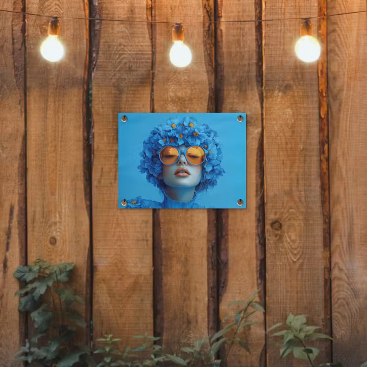 Vrouw - Bloem - Blauw - Modern - Bril - Portret tuinposter los doek klein -sfeer1
