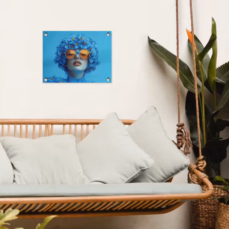 Vrouw - Bloem - Blauw - Modern - Bril - Portret tuinposter los doek klein -sfeer7