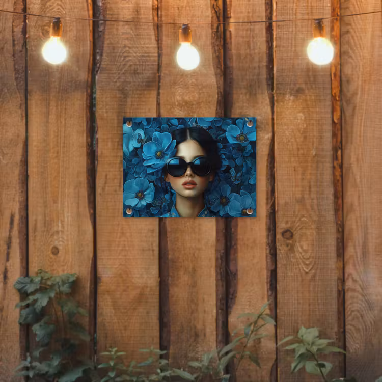 Vrouw - Bloemen - Blauw - Aesthetic - Luxe tuinposter los doek klein -sfeer1