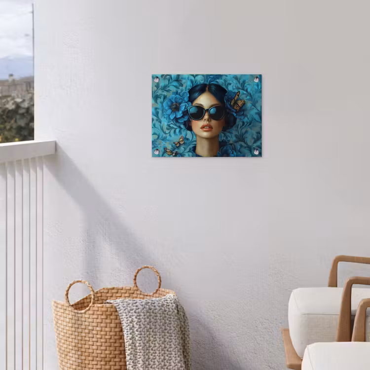 Vrouw - Bloemen - Vlinders - Blauw - Abstract tuinposter los doek klein -sfeer8