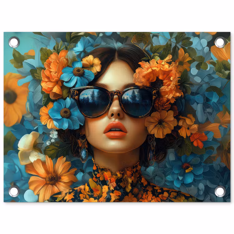 Vrouw - Bloemen - Oranje - Blauw - Modern tuinposter los doek klein -3d