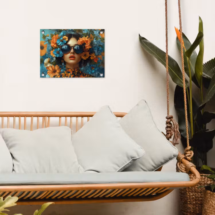 Vrouw - Bloemen - Oranje - Blauw - Modern tuinposter los doek klein -sfeer7
