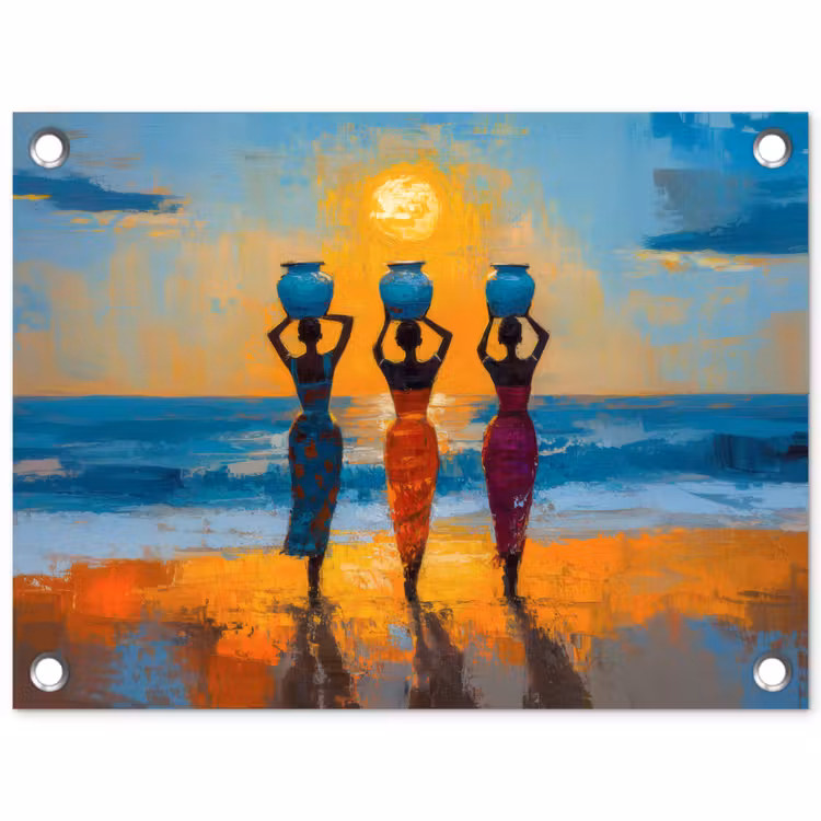 Vrouwen - Strand - Zondsondergang tuinposter los doek klein -3d