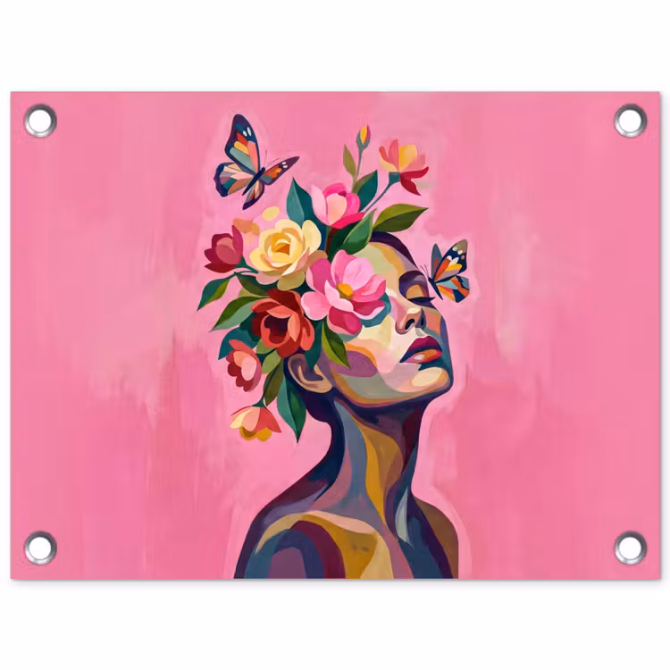 Vrouwengezicht - Vlinders - Kleurrijk tuinposter los doek klein -3d