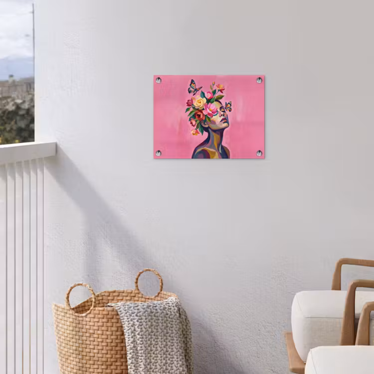 Vrouwengezicht - Vlinders - Kleurrijk tuinposter los doek klein -sfeer8