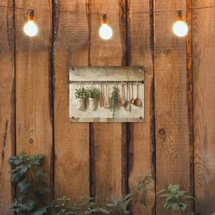 Hout - Keukengerei - Stilleven - Tegels tuinposter los doek klein -sfeer1