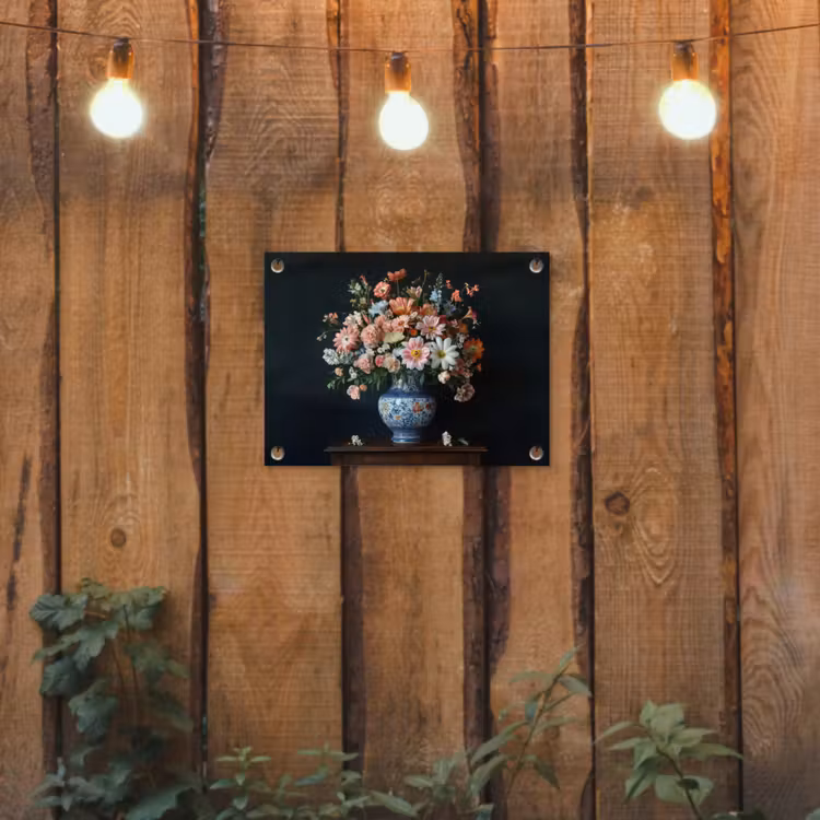 Hout - Vaas - Kleuren - Bloemen tuinposter los doek klein -sfeer1