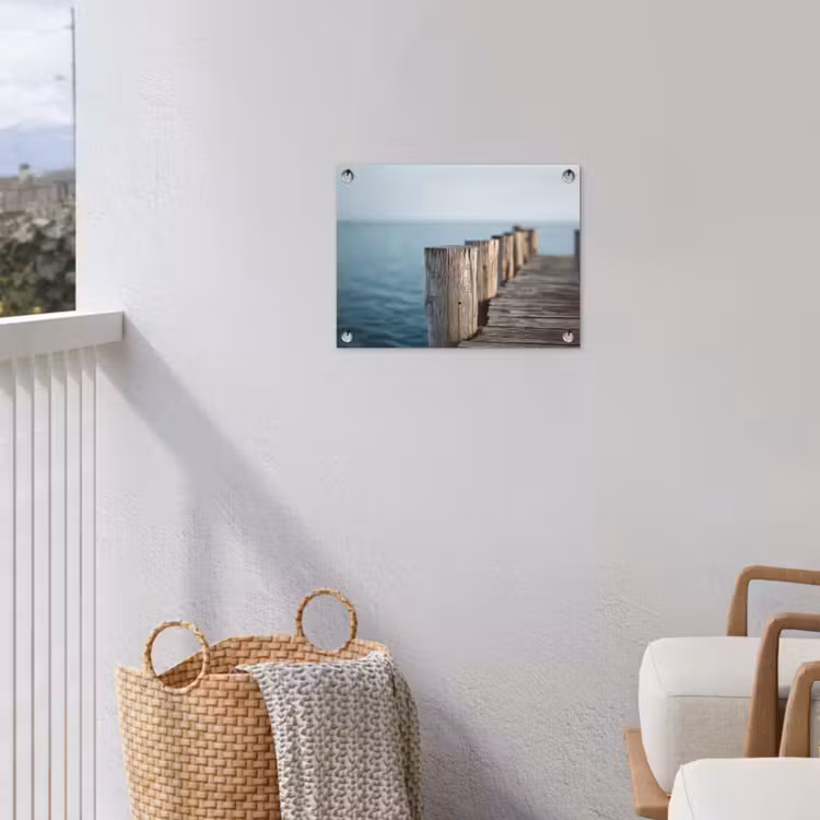 Houten steiger - Helderblauwe lucht tuinposter los doek klein -sfeer8