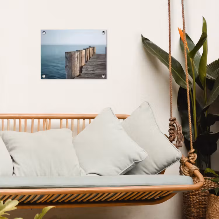 Houten steiger - Helderblauwe lucht tuinposter los doek klein -sfeer7