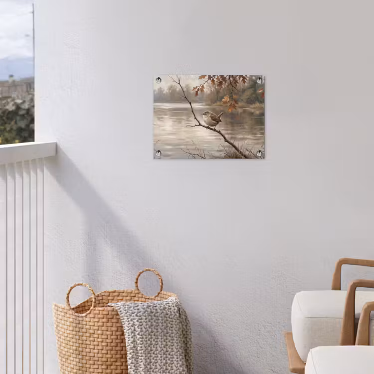 Winterkoninkje - Tak - Rivier - Natuur - Sfeervol tuinposter los doek klein -sfeer8