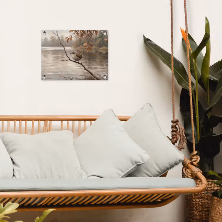 Winterkoninkje - Tak - Rivier - Natuur - Sfeervol tuinposter los doek klein -sfeer7