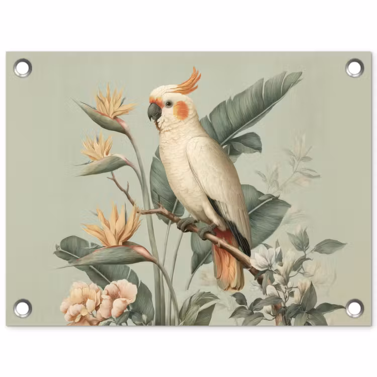 Gele kuifkaketoe - paradijsvogelbloemen - Groen tuinposter los doek klein -3d