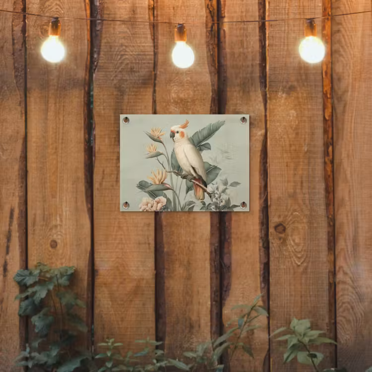 Gele kuifkaketoe - paradijsvogelbloemen - Groen tuinposter los doek klein -sfeer1