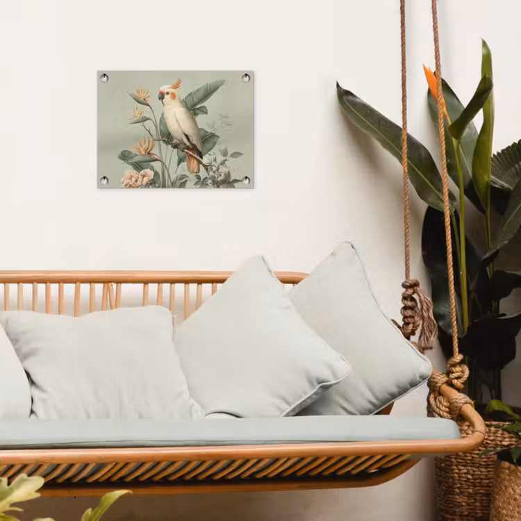 Gele kuifkaketoe - paradijsvogelbloemen - Groen tuinposter los doek klein -sfeer7