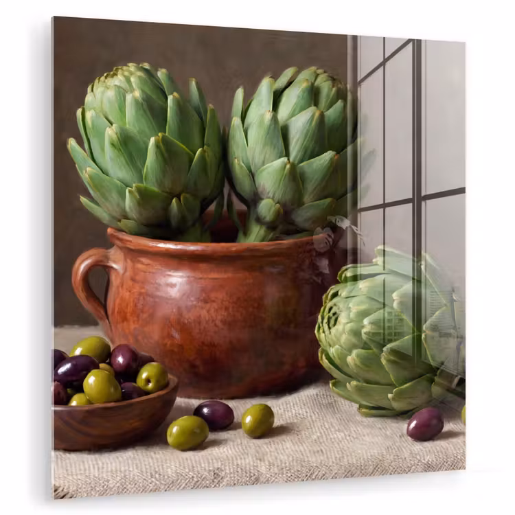 Glass Print - Artichokes - Olives - Food - Artisjokken - Olijven - Eten plexiglas 5mm klein
