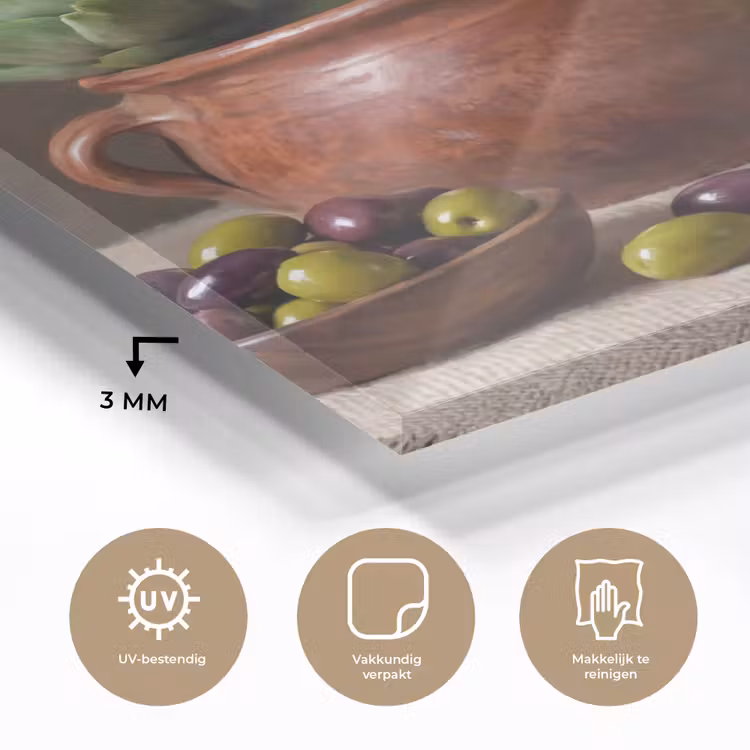 Glass Print - Artichokes - Olives - Food - Artisjokken - Olijven - Eten plexiglas 5mm klein
