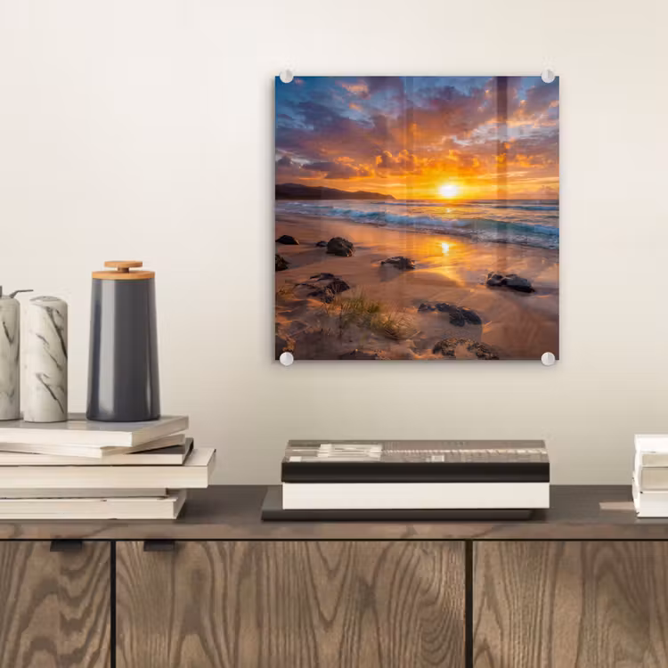 Strand - Zonsondergang - Golven - Natuur - Oranje plexiglas 5mm klein -sfeer1