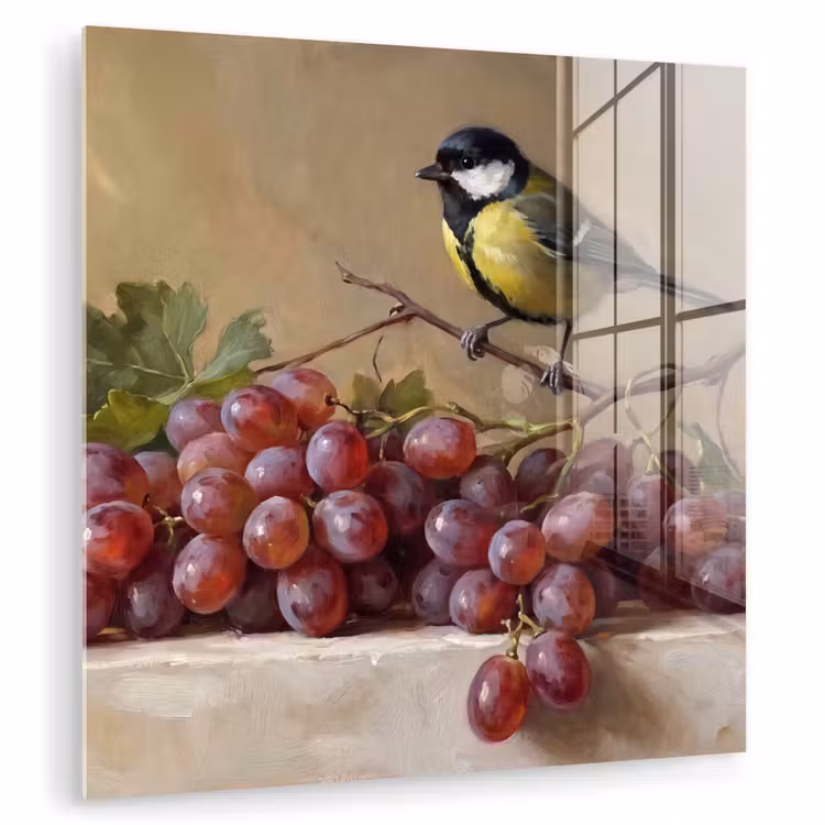 Glass Print - Bird - Grapes - Still Life - Vogel - Druiven - Stilleven plexiglas 5mm klein