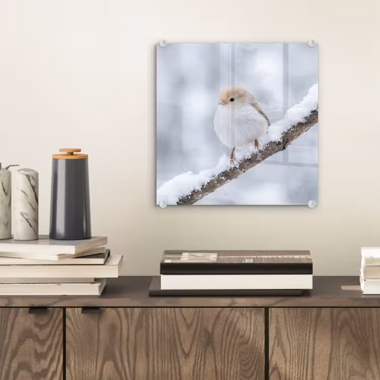 Vogeltje - Sneeuw - Tak - Winter - Zacht plexiglas 5mm klein -sfeer1