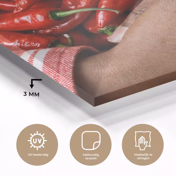 Glass Print - Chili Peppers - Red - Hands - Chilipepers - Rood - Handen plexiglas 5mm klein