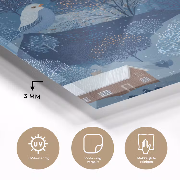 Huisjes - Vogels - Sneeuw - Winter - Blauw plexiglas 5mm klein 11 -sfeer2