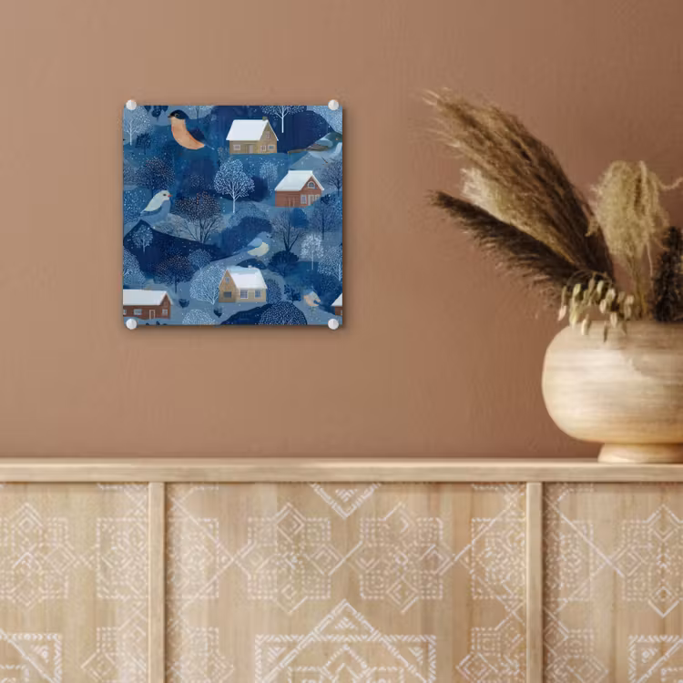 Huisjes - Vogels - Sneeuw - Winter - Blauw plexiglas 5mm klein 11 -sfeer5