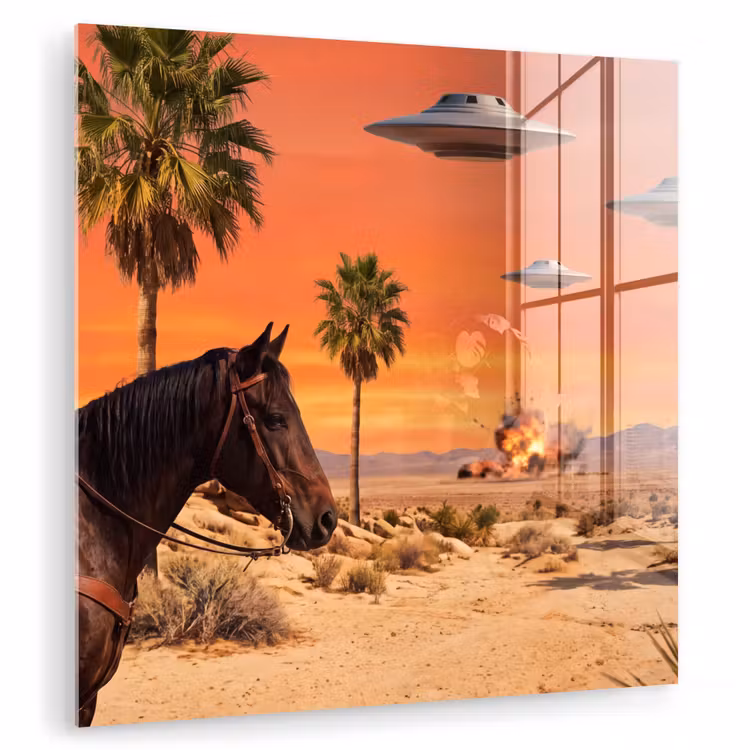 Glass Print - Cowboy - Horse - Desert - Cowboy - Paard - Woestijn plexiglas 5mm klein